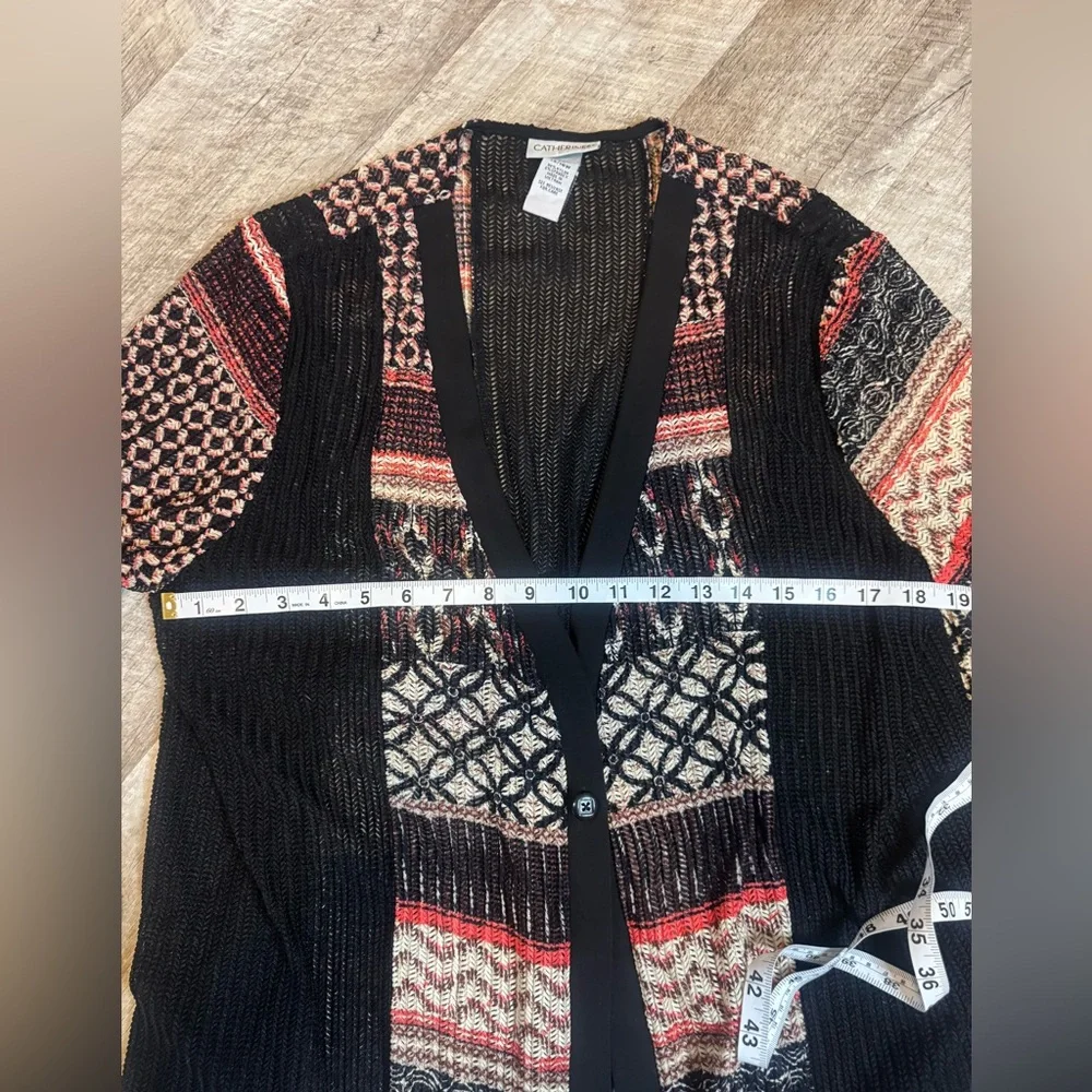 Catherines Black, Red, and Cream Textured Patterned One- Button Cardigan,